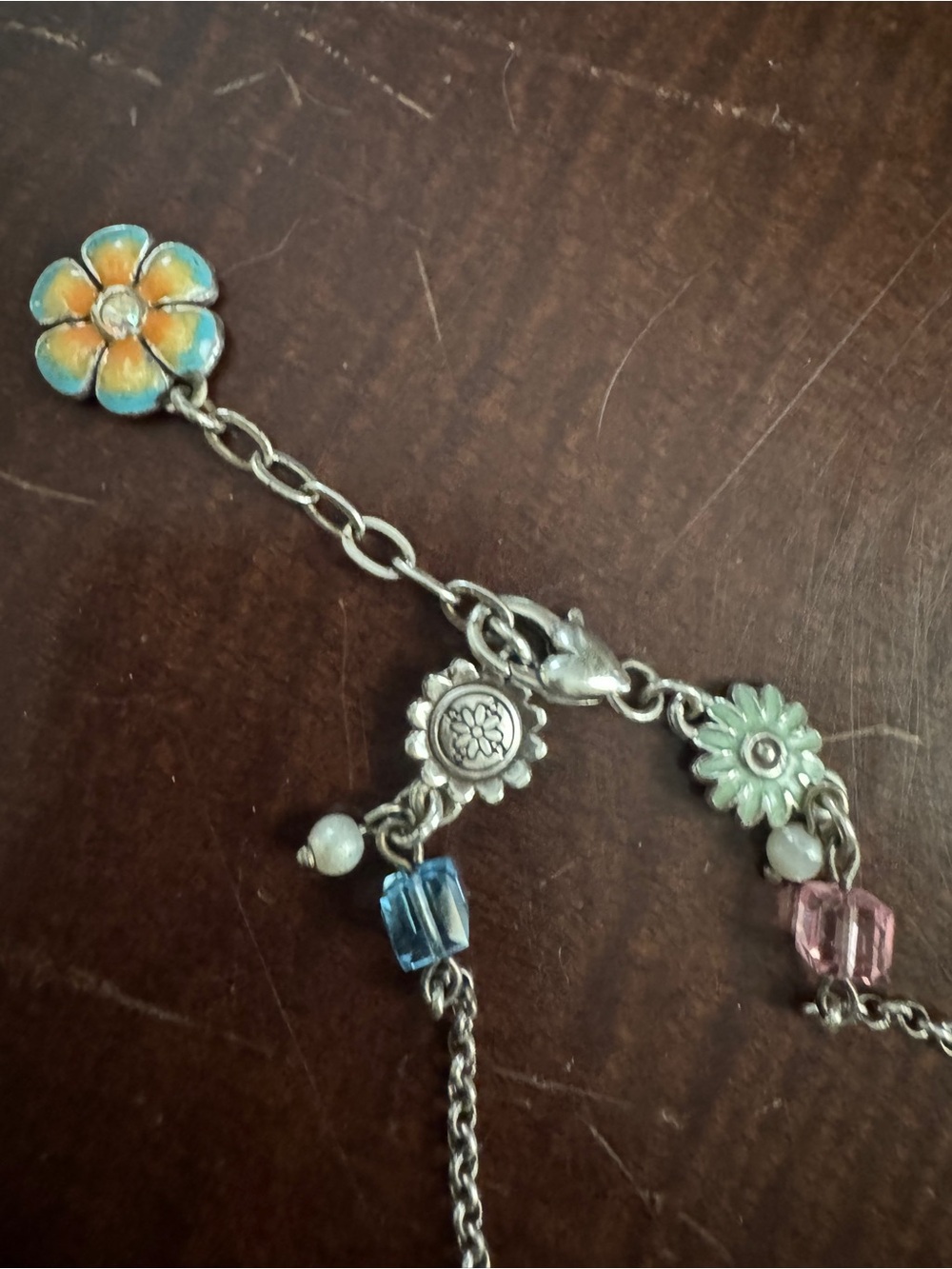 Brighton Ankle Bracelet. Floral Charm Bracelet with Blue, Pink and Orange Enamel